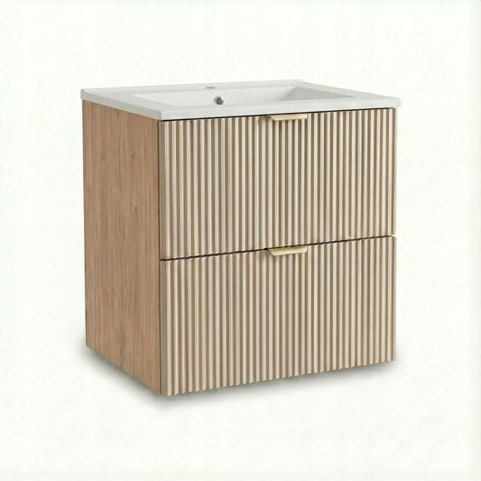 Dulap pentru lavoar Willy 60 cm Cașmir/Nuc cu chiuvetă ceramică inclusă, 2 sertare cu Soft-Close și fronturi canelate. Design modern, elegant și funcțional pentru baie.