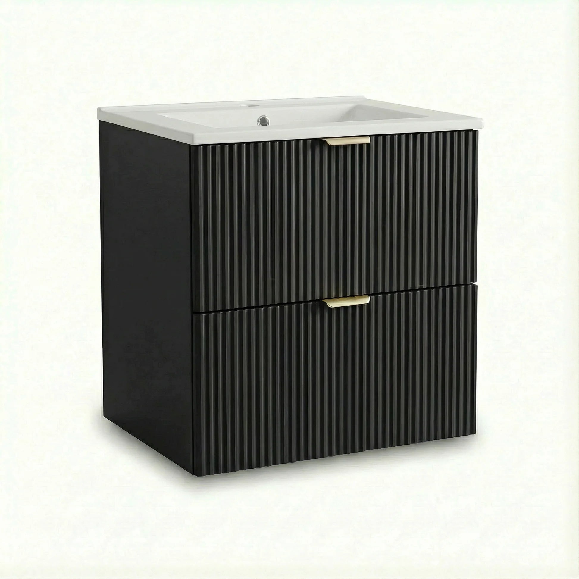 Dulap pentru lavoar Willy 60 cm Negru cu chiuvetă ceramică inclusă, 2 sertare cu Soft-Close și fronturi canelate. Design minimalist, modern și funcțional pentru baie.