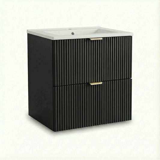 Dulap pentru lavoar Willy 60 cm Negru cu chiuvetă ceramică inclusă, 2 sertare cu Soft-Close și fronturi canelate. Design minimalist, modern și funcțional pentru baie.