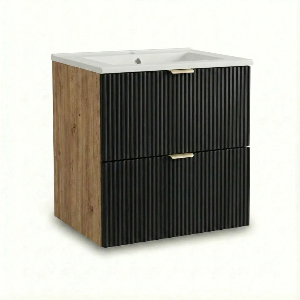Dulap pentru lavoar Willy 60 cm Negru/Nuc cu chiuvetă ceramică inclusă, 2 sertare și design contrastant modern. Fronturi canelate, spațiu practic și stil elegant pentru baie.