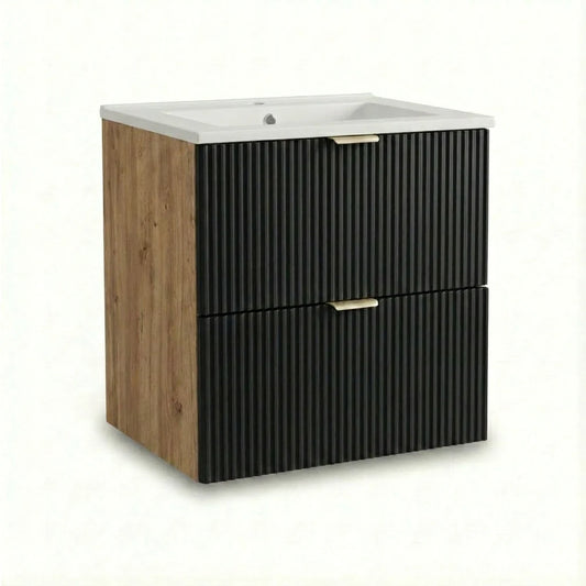 Dulap pentru lavoar Willy 60 cm Negru/Nuc cu chiuvetă ceramică inclusă, 2 sertare și design contrastant modern. Fronturi canelate, spațiu practic și stil elegant pentru baie.