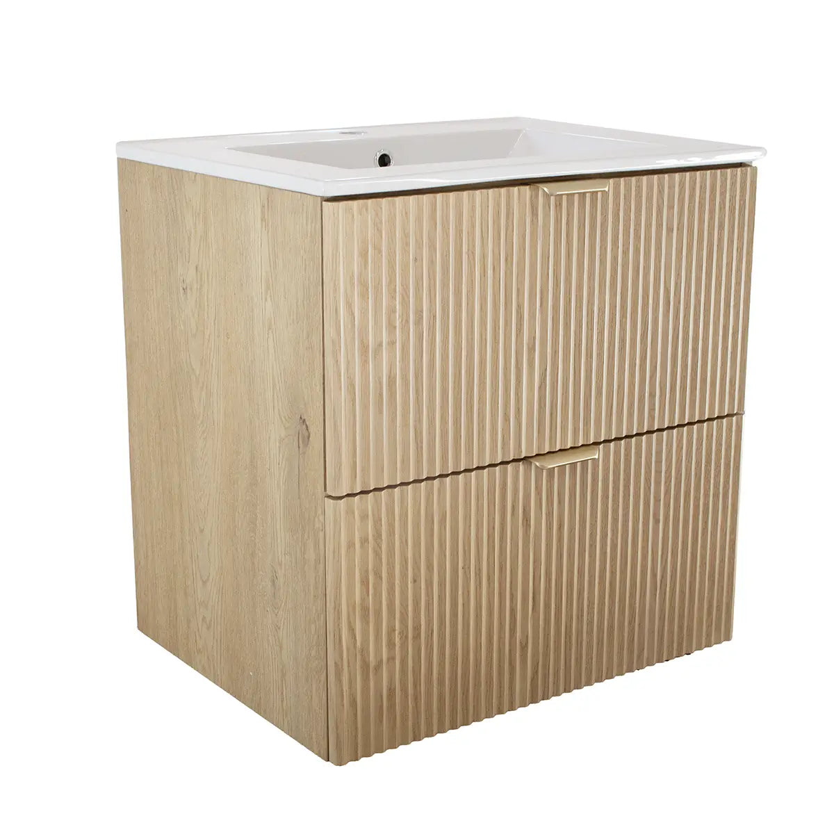 Dulap pentru lavoar Willy 60 cm Stejar Cremona cu două sertare, fronturi riflate din MDF și chiuvetă ceramică integrată, design modern de baie