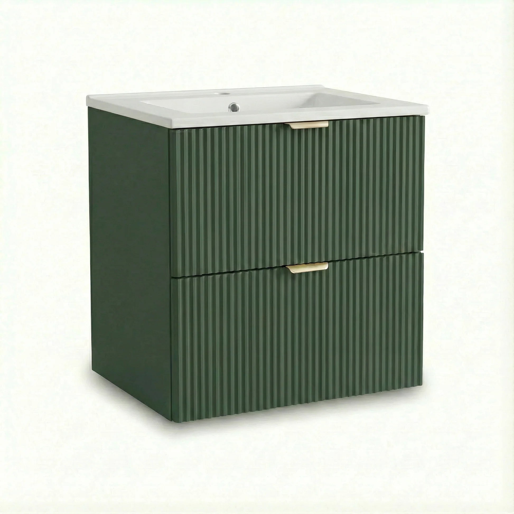 Dulap pentru lavoar Willy 60 cm Verde cu chiuvetă ceramică inclusă, 2 sertare cu Soft-Close și fronturi canelate. Design modern, proaspăt și funcțional pentru baie.