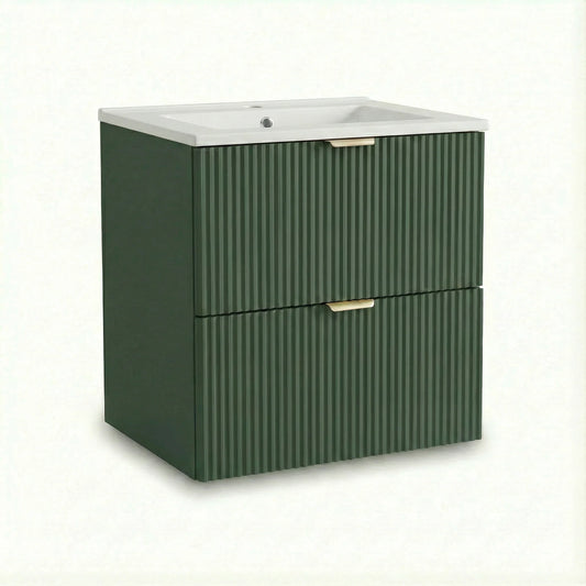 Dulap pentru lavoar Willy 60 cm Verde cu chiuvetă ceramică inclusă, 2 sertare cu Soft-Close și fronturi canelate. Design modern, proaspăt și funcțional pentru baie.