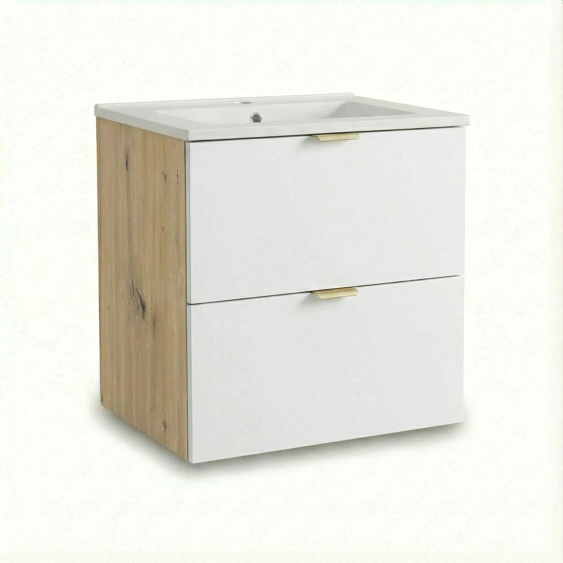 Dulap pentru lavoar Orio 60 cm Alb/Stejar Artizanal cu chiuvetă ceramică încastrată, 2 sertare și fronturi netede, mobilier baie modern