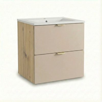Dulap pentru lavoar 60 cm cu chiuveta, 2 sertare, fronturi netede Orio - Casmir/Stejar artizanal