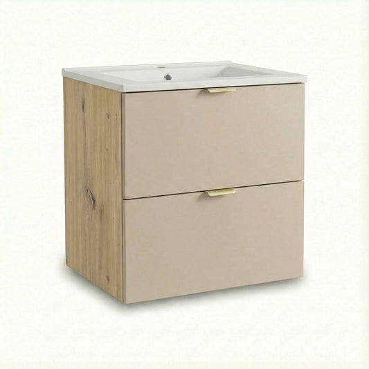 Dulap baie Orio 60 cm Casmir/Stejar artizanal cu chiuvetă, 2 sertare Soft-Close și design modern funcțional.