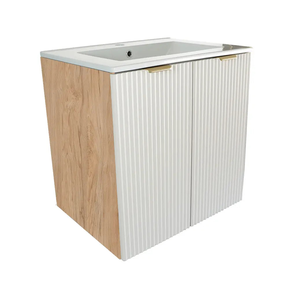Dulap baie Willy 60 cm Alb/Nuc cu chiuvetă inclusă, 2 uși canelate Soft-Close și design modern cu accent natural de lemn pentru băi elegante.