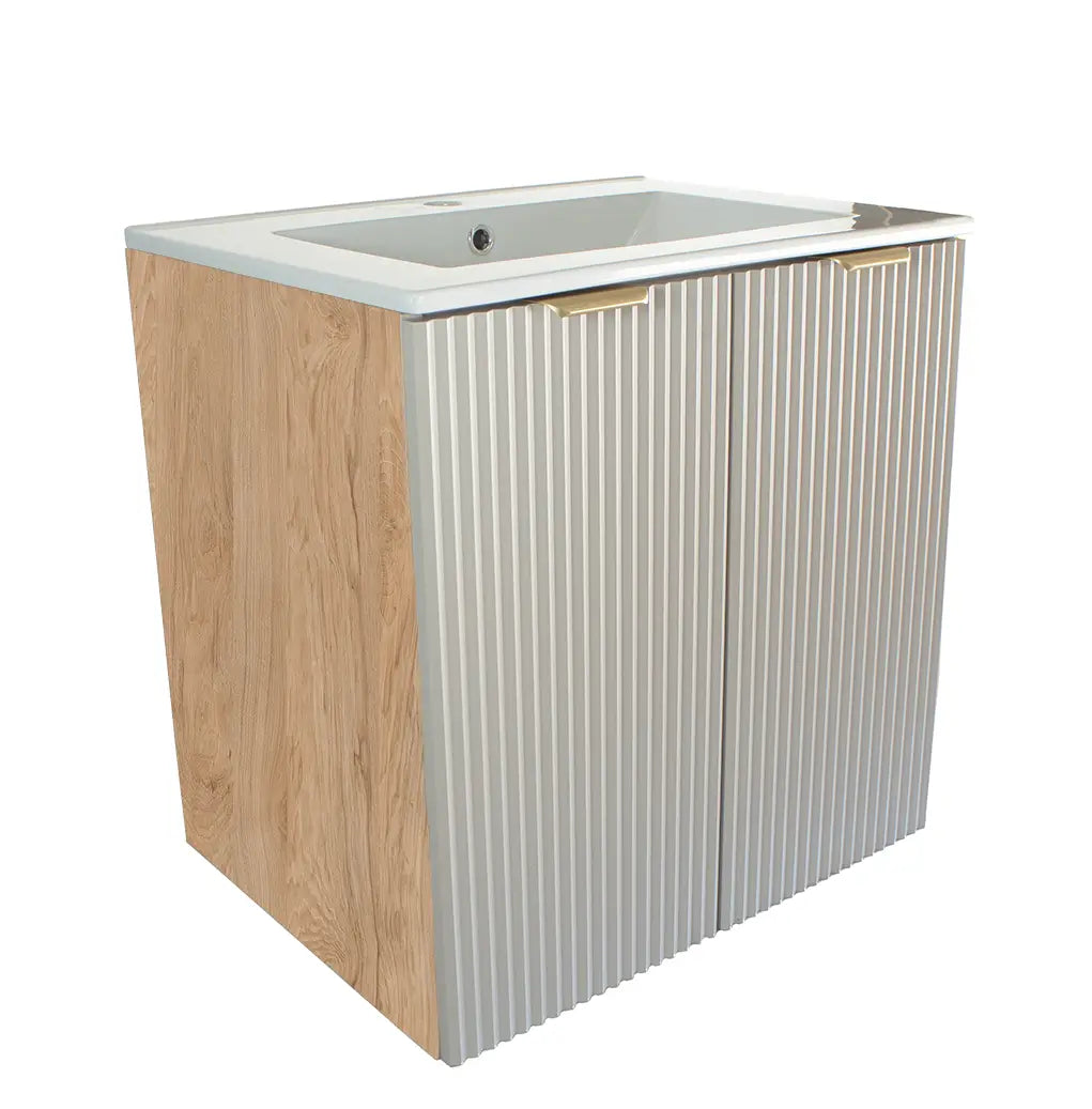 Dulap baie Willy 60 cm Cașmir/Nuc cu chiuvetă inclusă, 2 uși canelate Soft-Close și design modern cu accente calde de lemn.