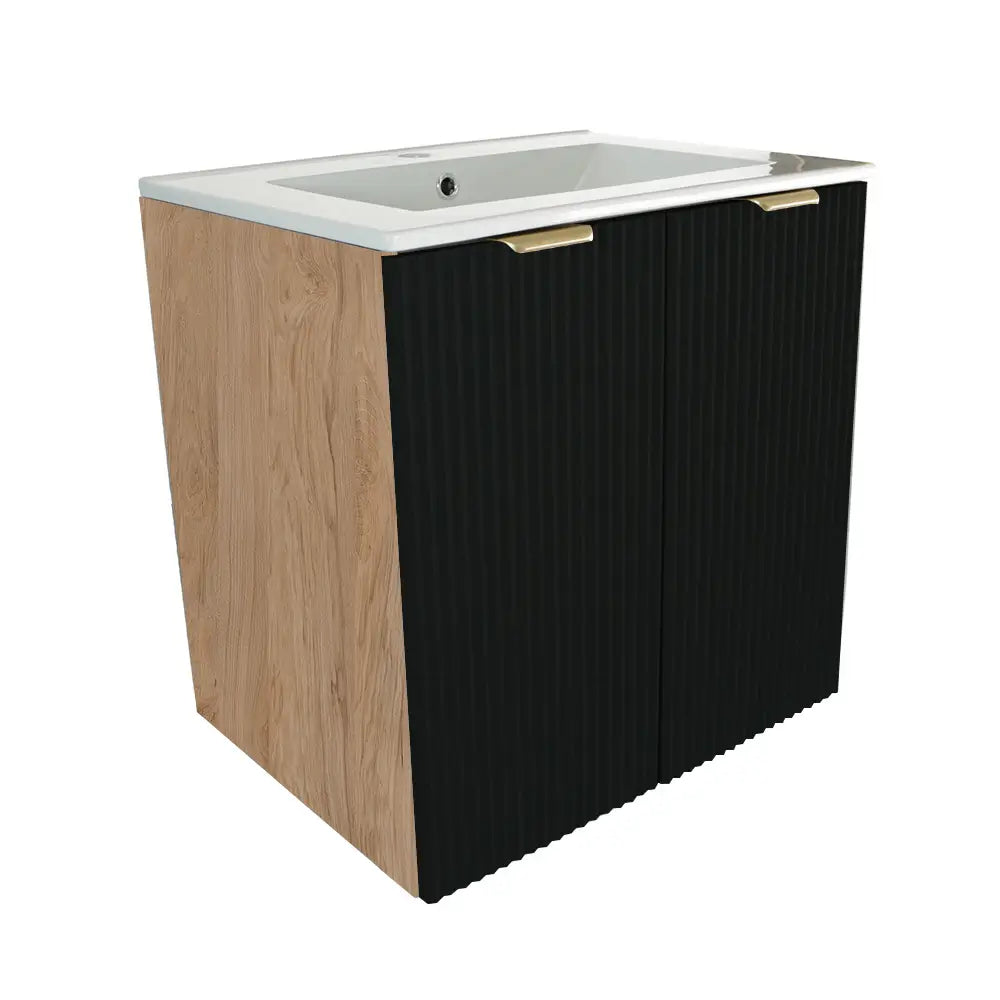 Dulap baie Willy 60 cm Negru/Nuc cu lavoar ceramic inclus, 2 uși canelate și design modern contrastant, ideal pentru băi elegante și funcționale.