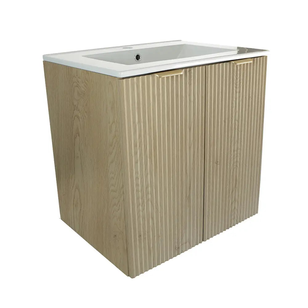 Dulap baie Willy 60 cm Stejar Cremona cu lavoar ceramic inclus, 2 uși canelate și design natural din lemn, ideal pentru băi moderne și elegante.