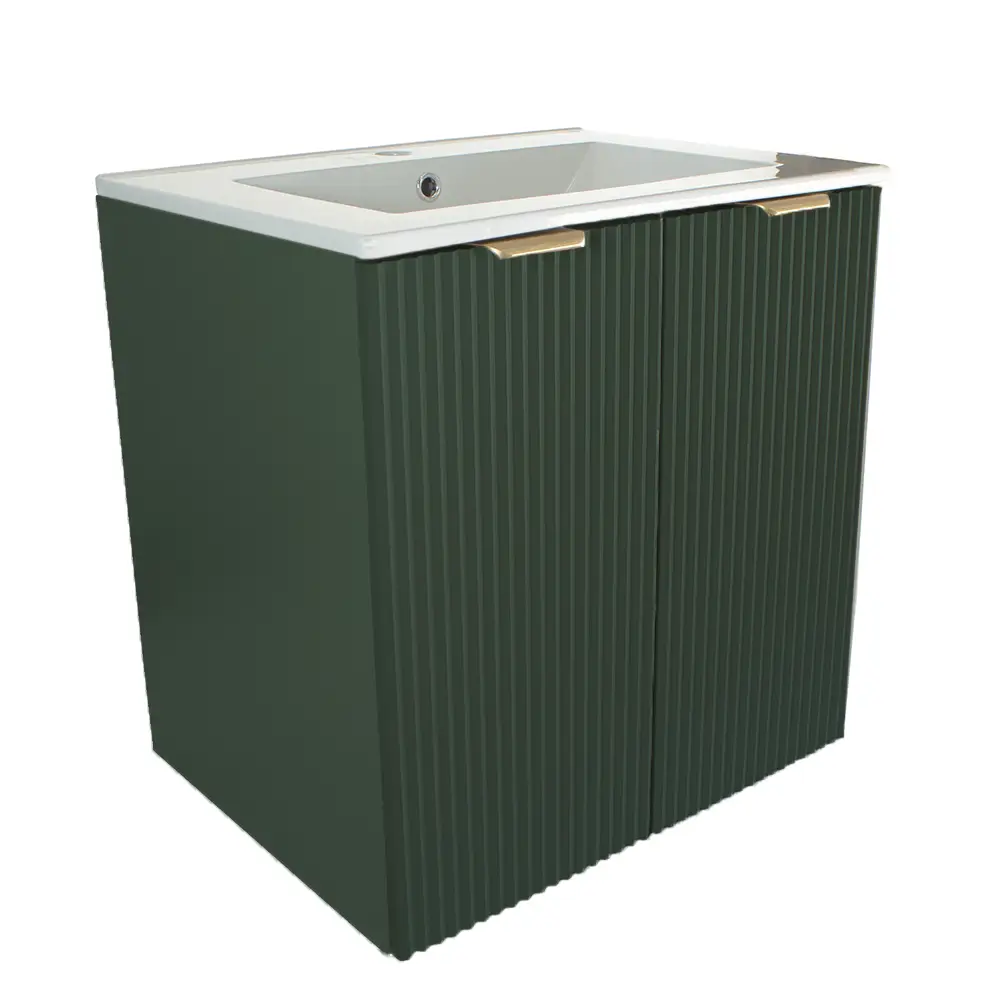 Dulap baie Willy 60 cm Verde Salvie cu chiuvetă inclusă, 2 uși canelate Soft-Close și design modern natural, ideal pentru băi elegante.