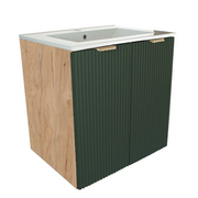 Dulap baie Willy 60 cm Verde Salvie/Nuc cu chiuvetă inclusă, 2 uși canelate Soft-Close și design modern cu accente naturale și calde.