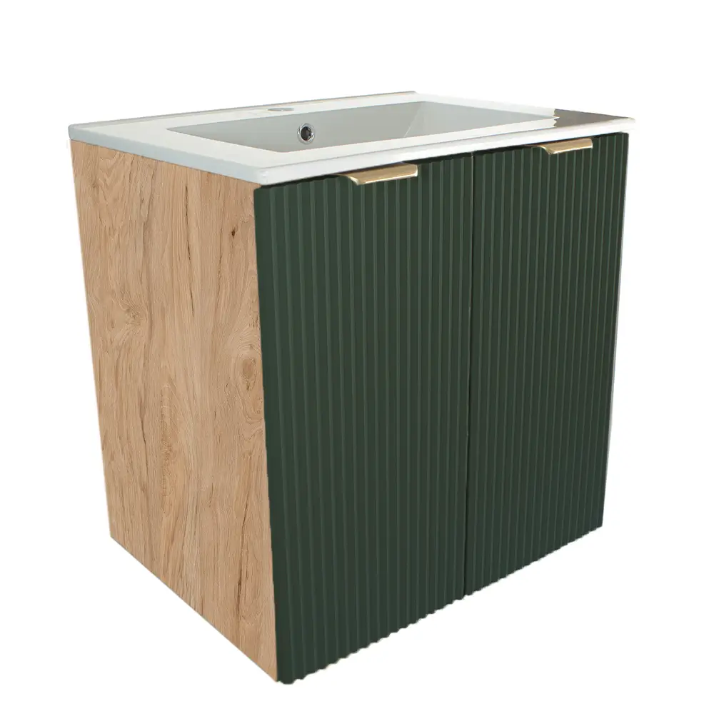Dulap baie Willy 60 cm Verde Salvie/Nuc cu chiuvetă inclusă, 2 uși canelate Soft-Close și design modern cu accente naturale și calde.