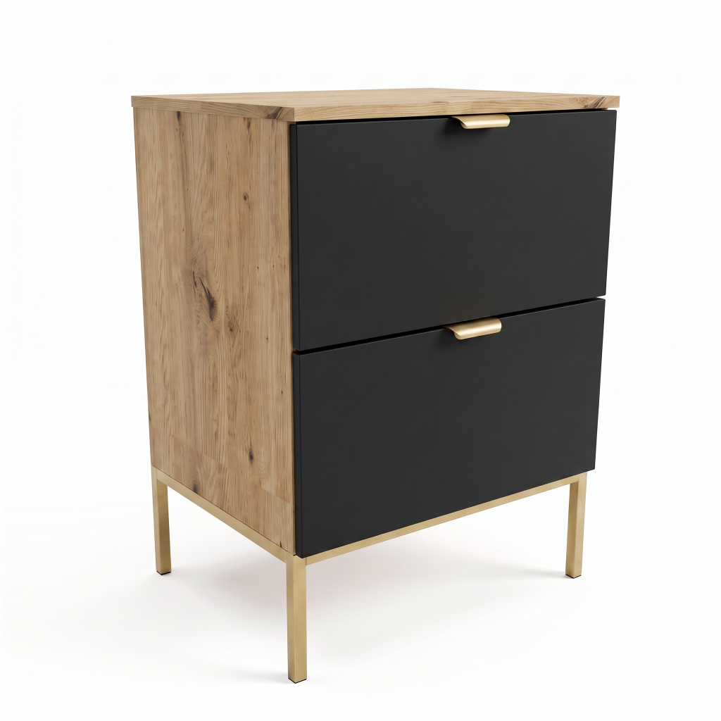 Dulap pentru lavoar Orio 60 cm Negru/Stejar Artisan, cu cadru metalic, 2 sertare Soft-Close, fronturi netede, mobilier modern pentru baie.