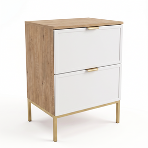 Dulap pentru lavoar Roma 60 cm Alb/Stejar Cremona, cu cadru metalic, 2 sertare Soft-Close, fronturi MDF cu ramă decorativă, mobilier elegant pentru baie.