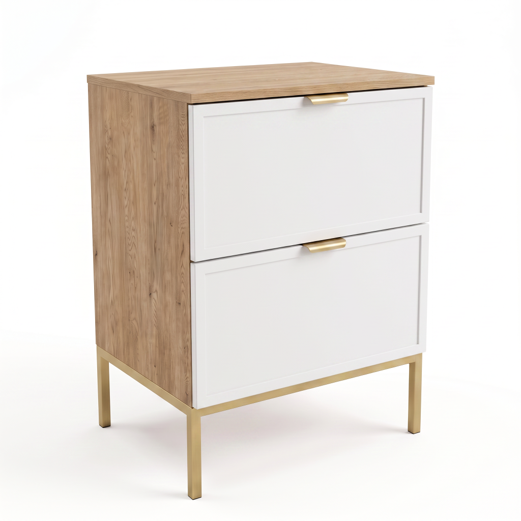Dulap pentru lavoar Roma 60 cm Alb/Stejar Cremona, cu cadru metalic, 2 sertare Soft-Close, fronturi MDF cu ramă decorativă, mobilier elegant pentru baie.