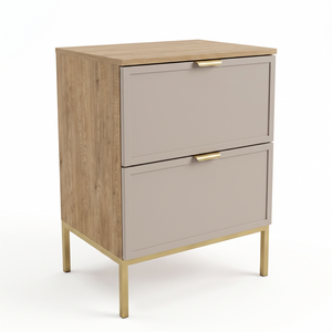 Dulap pentru lavoar Roma 60 cm Cașmir/Stejar Cremona, cu cadru metalic, 2 sertare Soft-Close, fronturi MDF cu ramă decorativă, mobilier elegant pentru baie.
