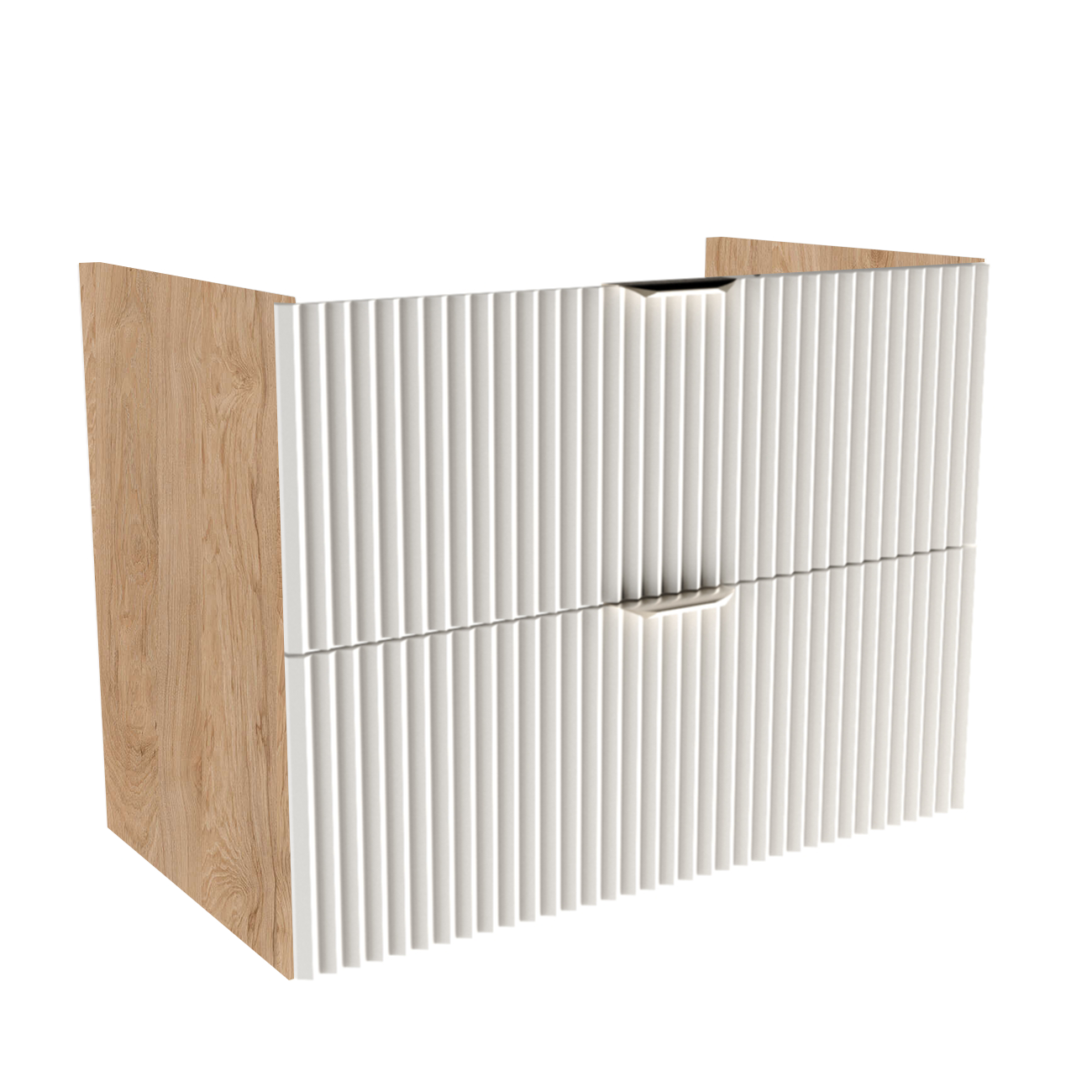 Dulap pentru lavoar Willy 80 cm Alb/Nuc cu 2 sertare, fronturi canelate din MDF, design modern pentru baie, fără blat