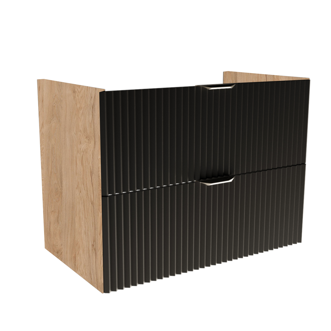 Dulap pentru lavoar Willy 80 cm Negru/Nuc cu 2 sertare, fronturi canelate din MDF, fără blat, design modern pentru baie.