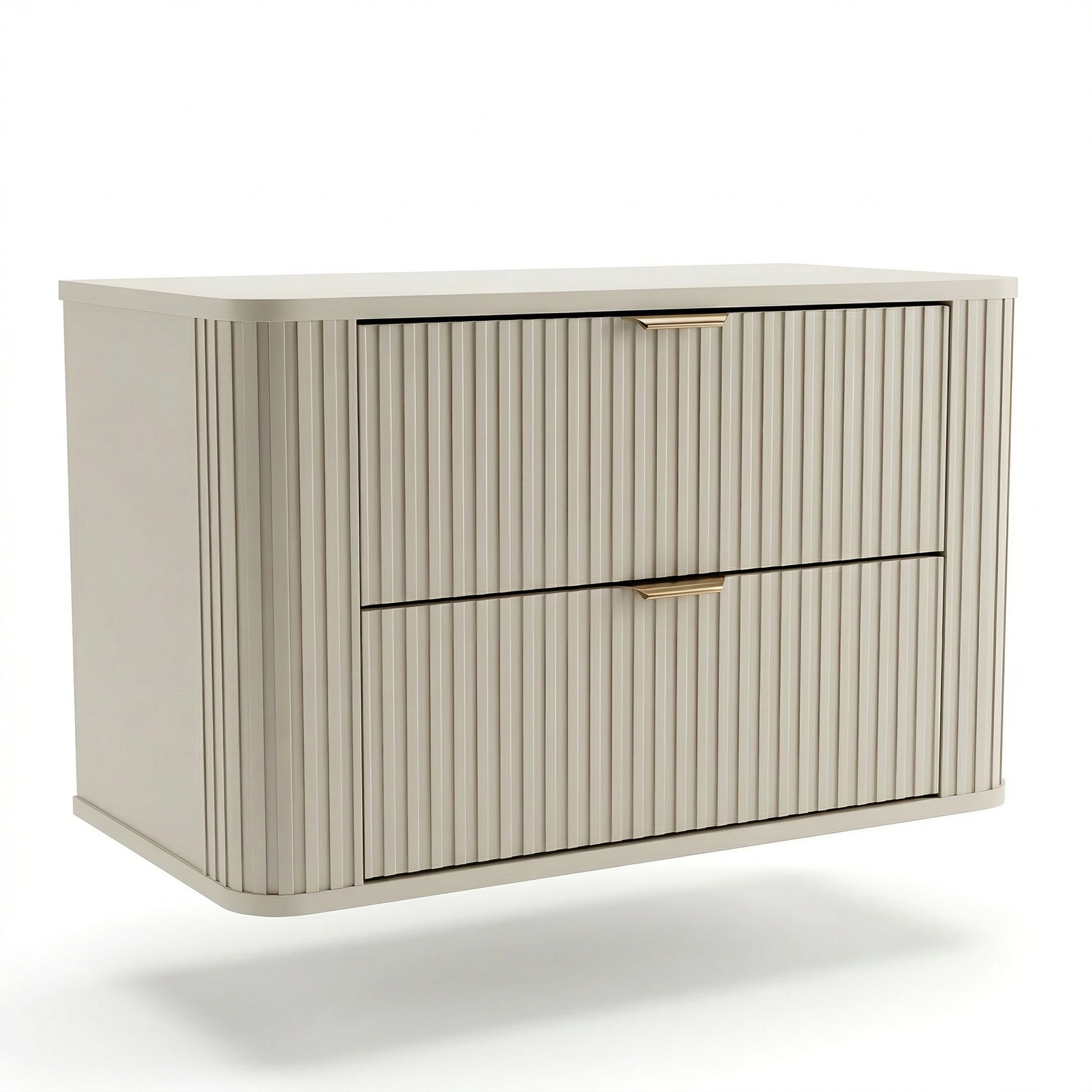 Dulap pentru lavoar Selvea 80 cm, finisaj Casmir, cu fronturi canelate din MDF, 2 sertare spațioase, margini rotunjite și mânere metalice moderne.