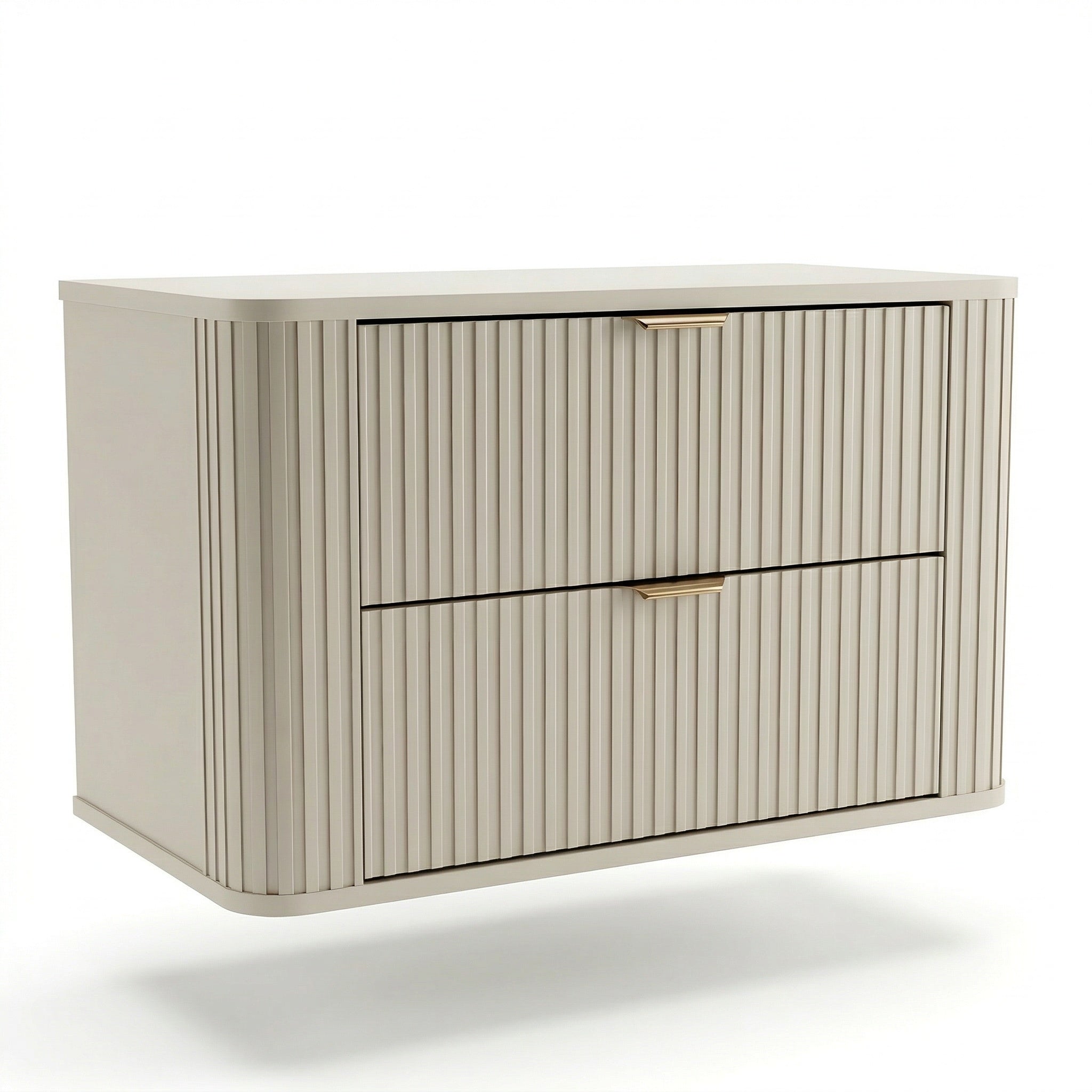 Dulap pentru lavoar Selvea 80 cm, finisaj Casmir, cu fronturi canelate din MDF, 2 sertare spațioase, margini rotunjite și mânere metalice moderne.