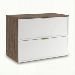 Dulap pentru lavoar Roma 80 cm, finisaj Alb/Nuc Închis, cu 2 sertare, fronturi MDF cu ramă decorativă, sistem Soft-Close și decupaj pentru sifon.
