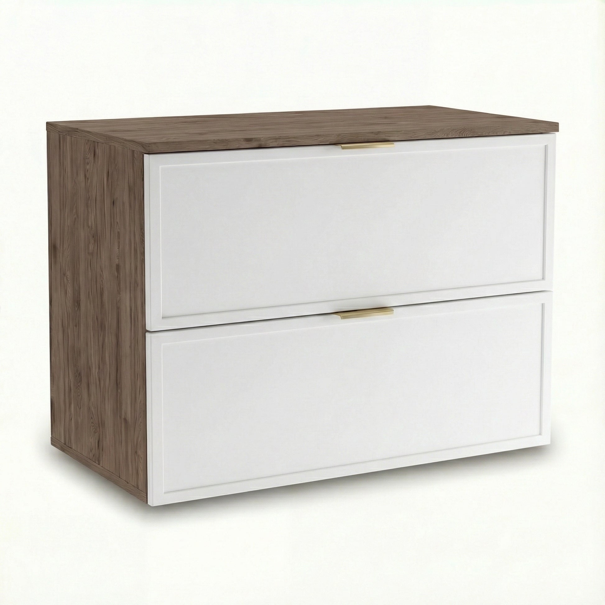 Dulap pentru lavoar Roma 80 cm, finisaj Alb/Nuc Închis, cu 2 sertare, fronturi MDF cu ramă decorativă, sistem Soft-Close și decupaj pentru sifon.