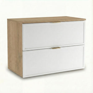 Dulap pentru lavoar Roma 80 cm, finisaj Alb/Stejar Cremona, cu 2 sertare, fronturi MDF cu ramă decorativă, sistem Soft-Close și decupaj pentru sifon.