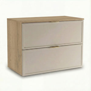 Dulap pentru lavoar Roma 80 cm, finisaj Cașmir/Stejar Cremona, cu 2 sertare, fronturi MDF cu ramă decorativă, sistem Soft-Close și decupaj pentru sifon.