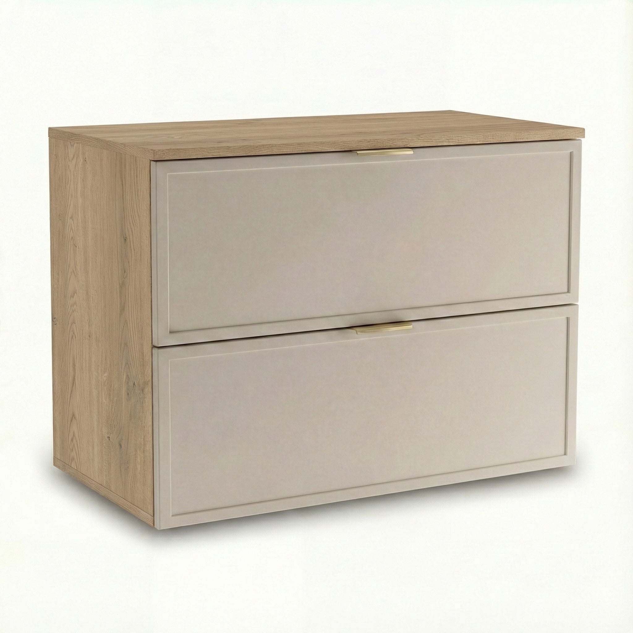 Dulap pentru lavoar Roma 80 cm, finisaj Cașmir/Stejar Cremona, cu 2 sertare, fronturi MDF cu ramă decorativă, sistem Soft-Close și decupaj pentru sifon.