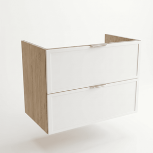 Dulap pentru lavoar Roma 80 cm Alb/Stejar Cremona, 2 sertare, fronturi cu ramă decorativă, design modern și natural pentru baie.