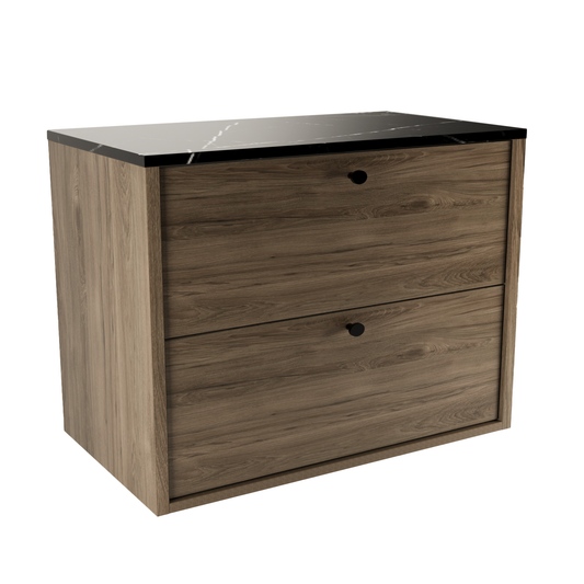 Dulap Belino 80 cm pentru lavoar, Nuc Închis cu blat marmură Negru, design modern și elegant, perfect pentru băi luxoase, minimaliste și contemporane.
