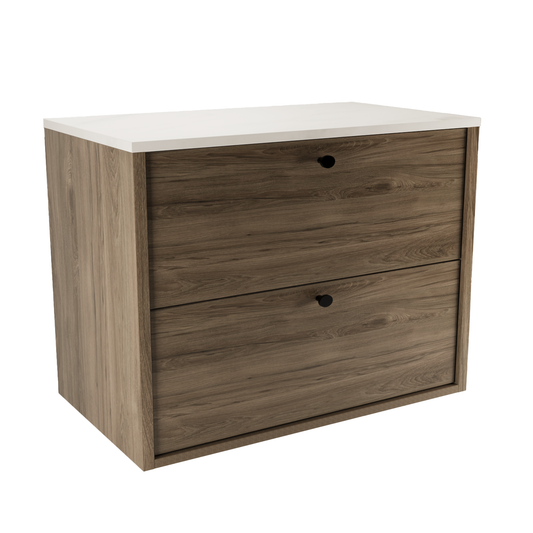 Dulap Belino 80 cm pentru lavoar, Nuc Închis cu blat marmură Albă, design elegant și modern, perfect pentru băi luxoase, minimaliste și contemporane.
