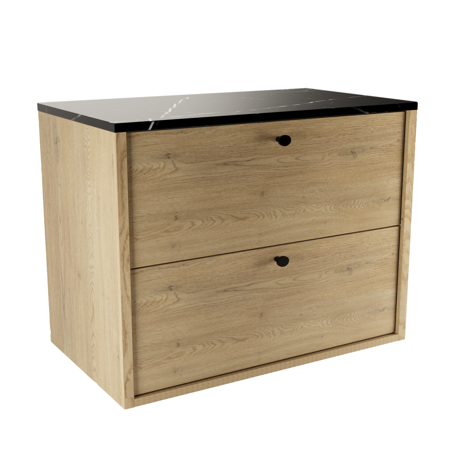 Dulap Belino 80 cm pentru lavoar, Stejar Cremona cu blat marmură Negru, design elegant și modern, perfect pentru băi luxoase, minimaliste și contemporane.
