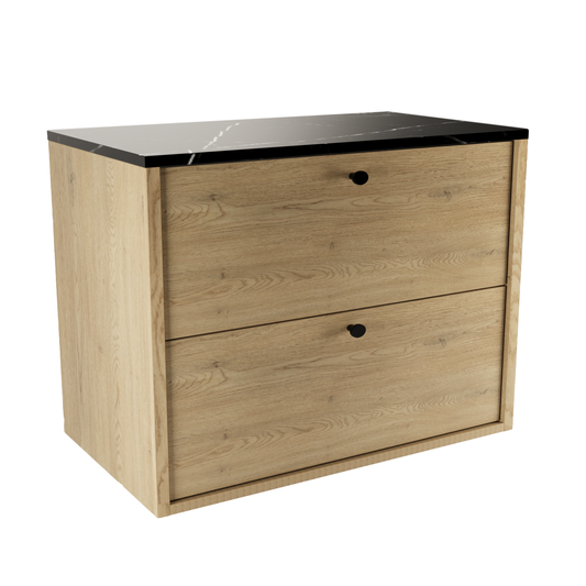 Dulap Belino 80 cm pentru lavoar, Stejar Cremona cu blat marmură Negru, design elegant și modern, perfect pentru băi luxoase, minimaliste și contemporane.