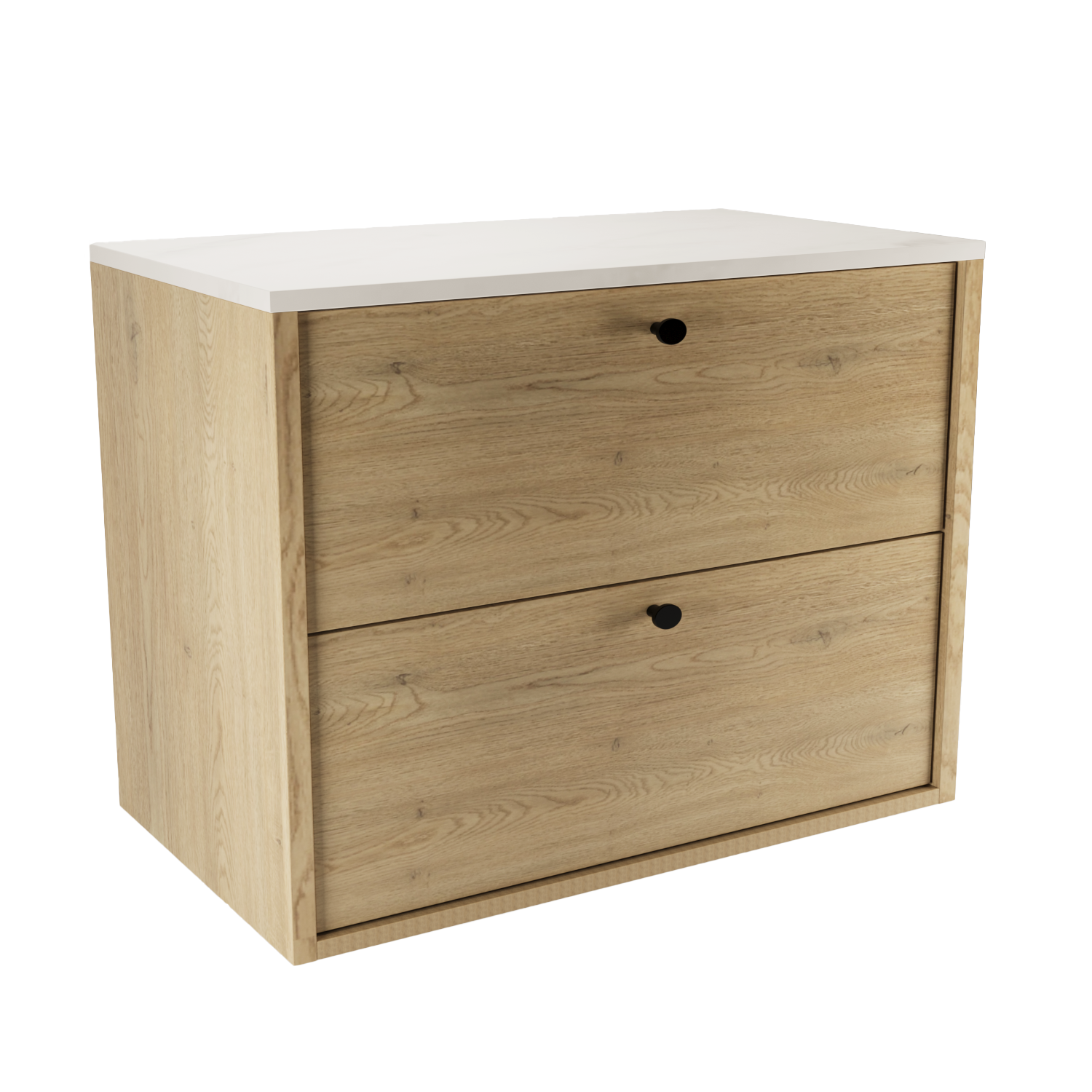 Dulap Belino 80 cm pentru lavoar, Stejar Cremona cu blat marmură Albă, design elegant și modern, perfect pentru băi luminoase, minimaliste și contemporane.