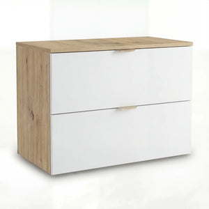 Dulap pentru lavoar Orio 80 cm Alb/Stejar Artizanal, cu 2 sertare și fronturi netede. Design modern, luminos și spațiu generos de depozitare pentru baie.