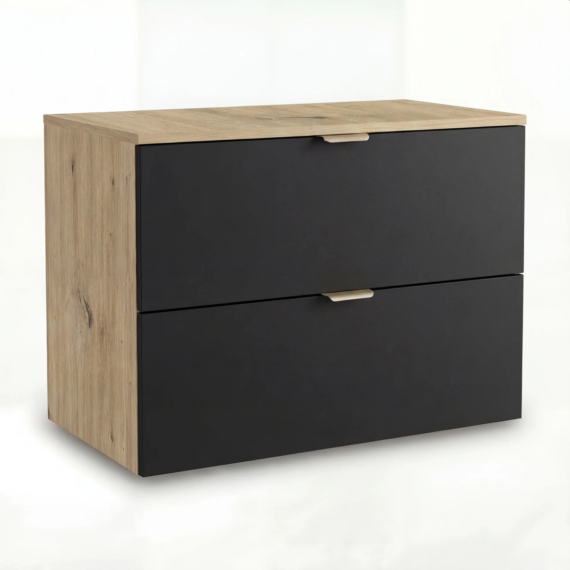 Dulap pentru lavoar Orio 80 cm Negru/Stejar Artizanal, cu 2 sertare și fronturi netede. Design modern, elegant și spațiu generos de depozitare pentru baie.