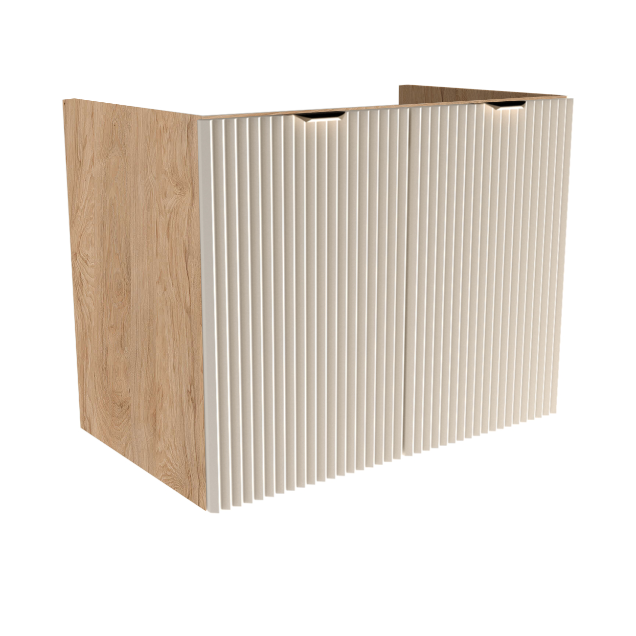 Dulap pentru lavoar Willy 80 cm cu 2 uși, Cașmir și Nuc, fronturi canelate, design modern pentru baie, mobilier fără blat inclus