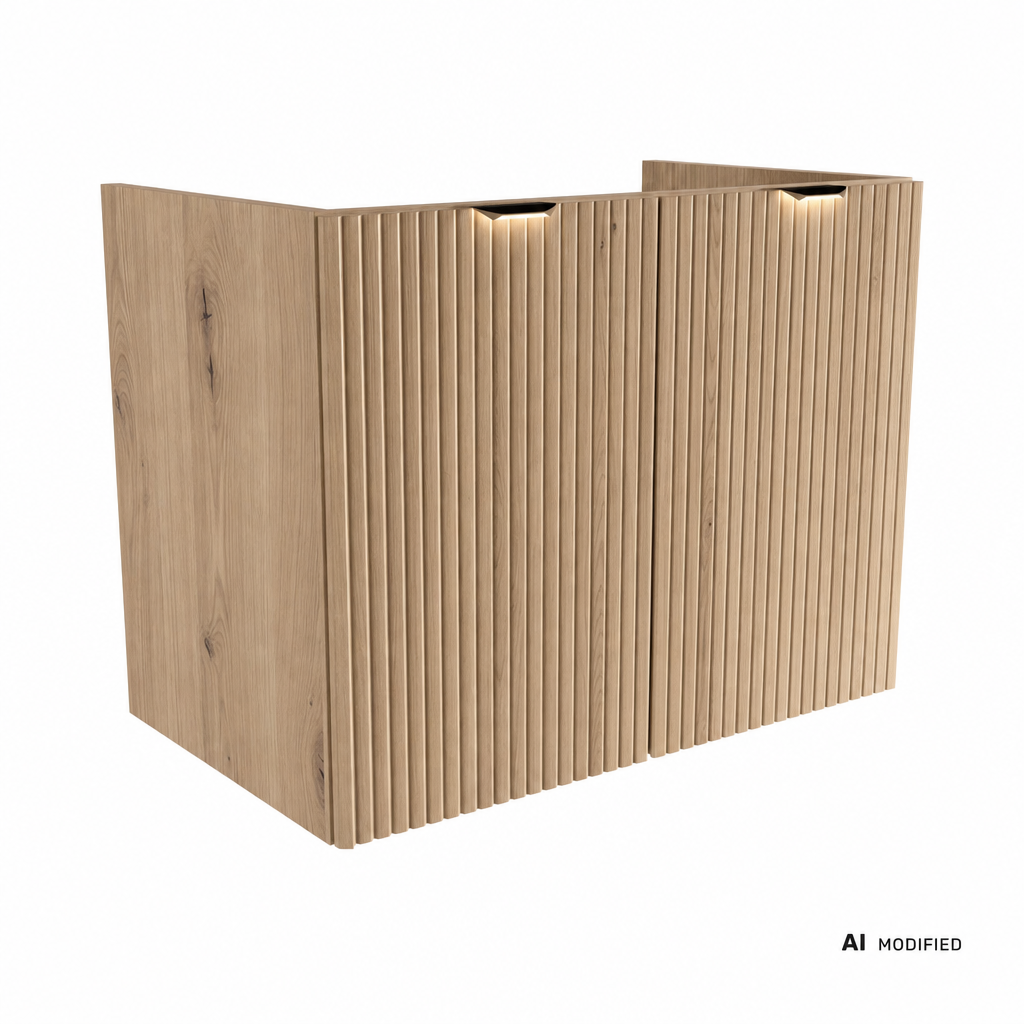 Dulap pentru lavoar Willy 80 cm cu 2 usi, fronturi canelate din MDF si polita, Stejar Cremona