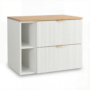 Dulap pentru lavoar Willy 80 cm Alb/Nuc Top cu raft și 2 sertare, fronturi canelate, mobilier de baie suspendat modern cu design elegant