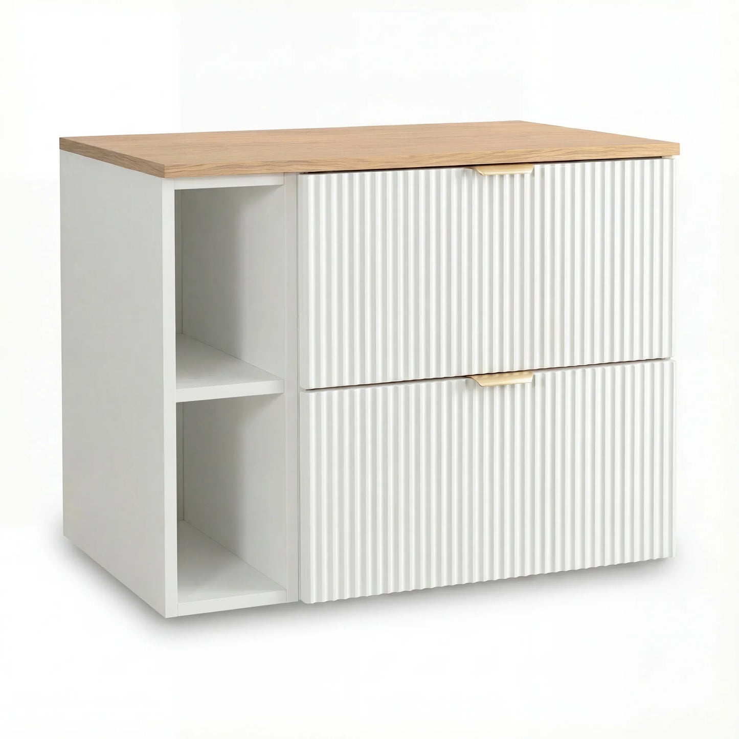 Dulap pentru lavoar Willy 80 cm Alb/Nuc Top cu raft și 2 sertare, fronturi canelate, mobilier de baie suspendat modern cu design elegant