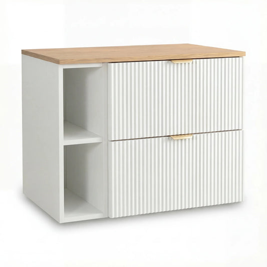 Dulap pentru lavoar Willy 80 cm Alb/Nuc Top cu raft și 2 sertare, fronturi canelate, mobilier de baie suspendat modern cu design elegant
