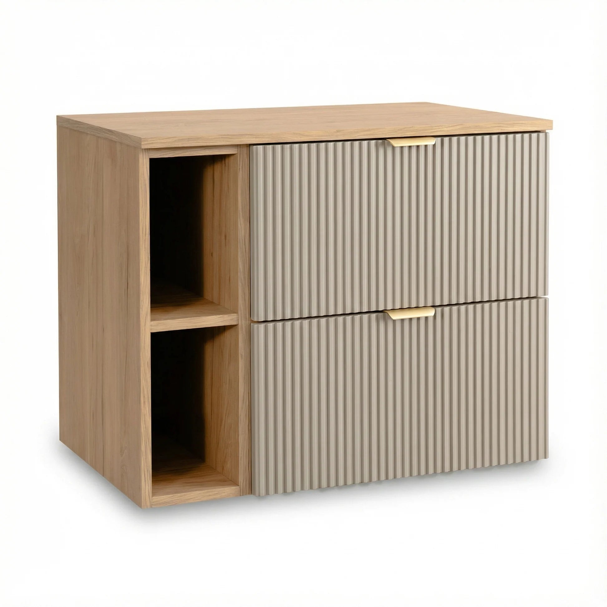 Dulap pentru lavoar Willy 80 cm Casmir/Nuc cu raft și 2 sertare, fronturi canelate din MDF, mobilier de baie suspendat modern cu design elegant