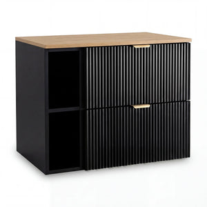 Dulap pentru lavoar Willy 80 cm Negru/Nuc Top cu raft și 2 sertare, fronturi canelate, mobilier de baie suspendat modern cu design elegant