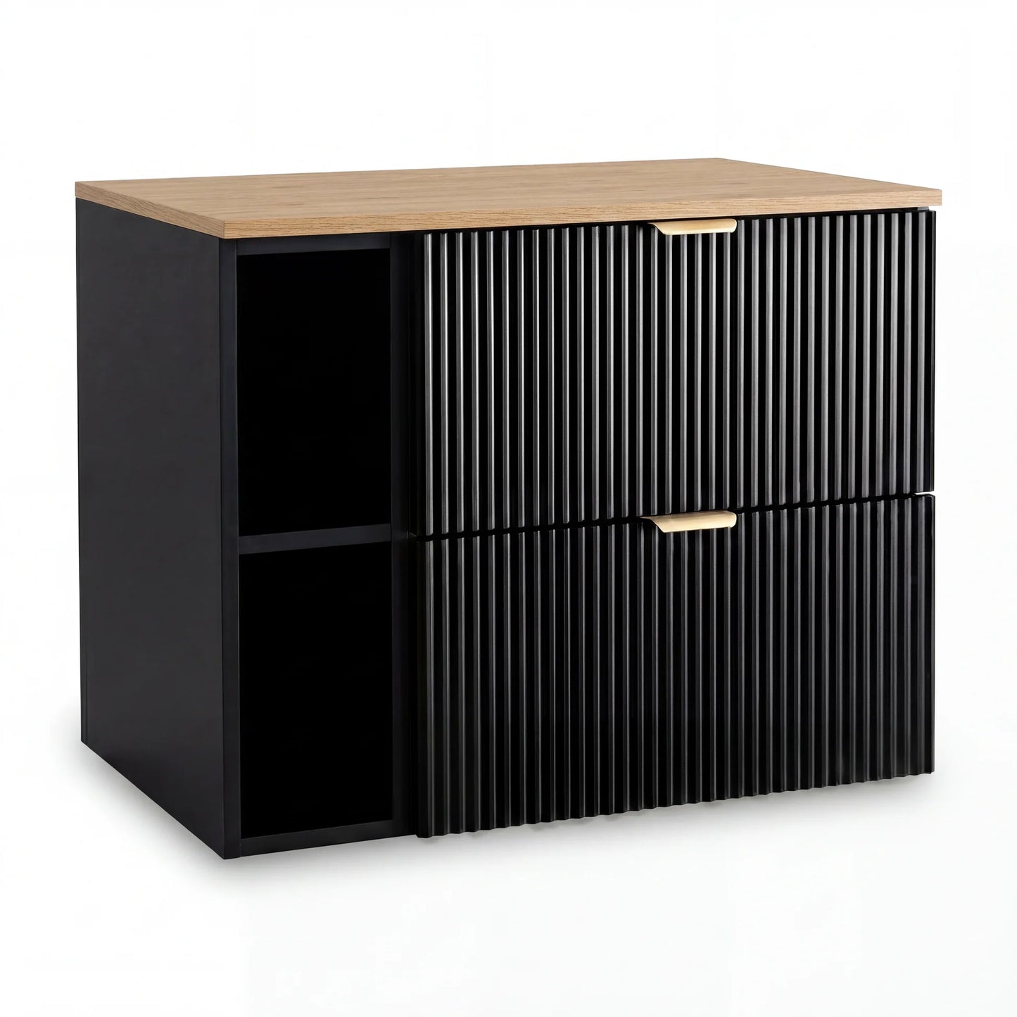 Dulap pentru lavoar Willy 80 cm Negru/Nuc Top cu raft și 2 sertare, fronturi canelate, mobilier de baie suspendat modern cu design elegant
