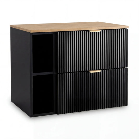 Dulap pentru lavoar Willy 80 cm Negru/Nuc Top cu raft și 2 sertare, fronturi canelate, mobilier de baie suspendat modern cu design elegant