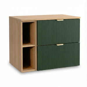 Dulap pentru lavoar Willy 80 cm Verde/Nuc, cu raft și 2 sertare, fronturi canelate, mobilier modern de baie suspendat cu design natural