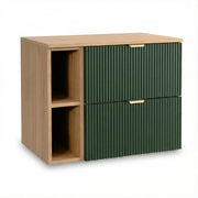 Dulap pentru lavoar Willy 80 cm Verde/Nuc, cu raft și 2 sertare, fronturi canelate, mobilier modern de baie suspendat cu design natural